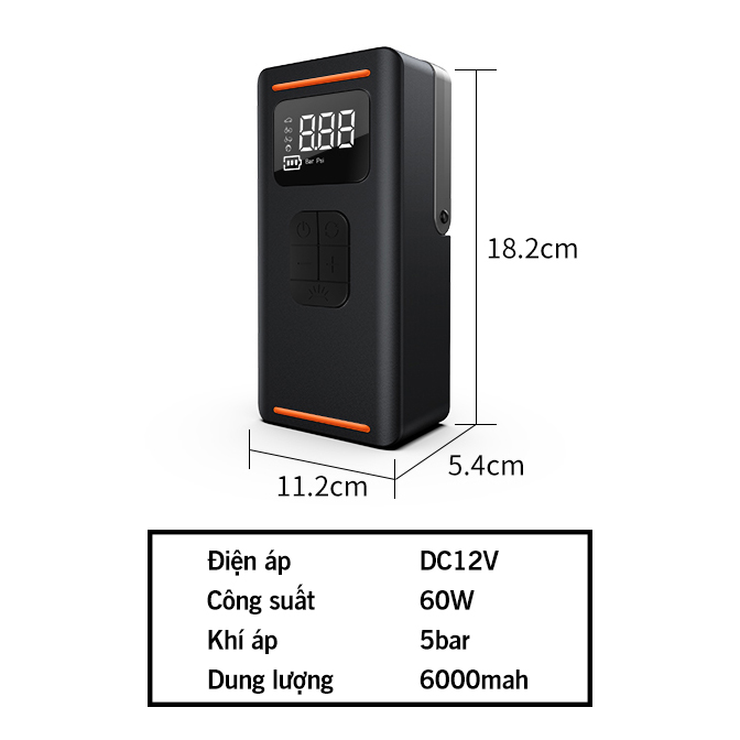 Bơm hơi điện không dây cầm tay cao cấp Vie Stress2 60W ,Pin 6000Mah Tích Hợp sạc dự phòng, Đèn Pin Soi Sáng