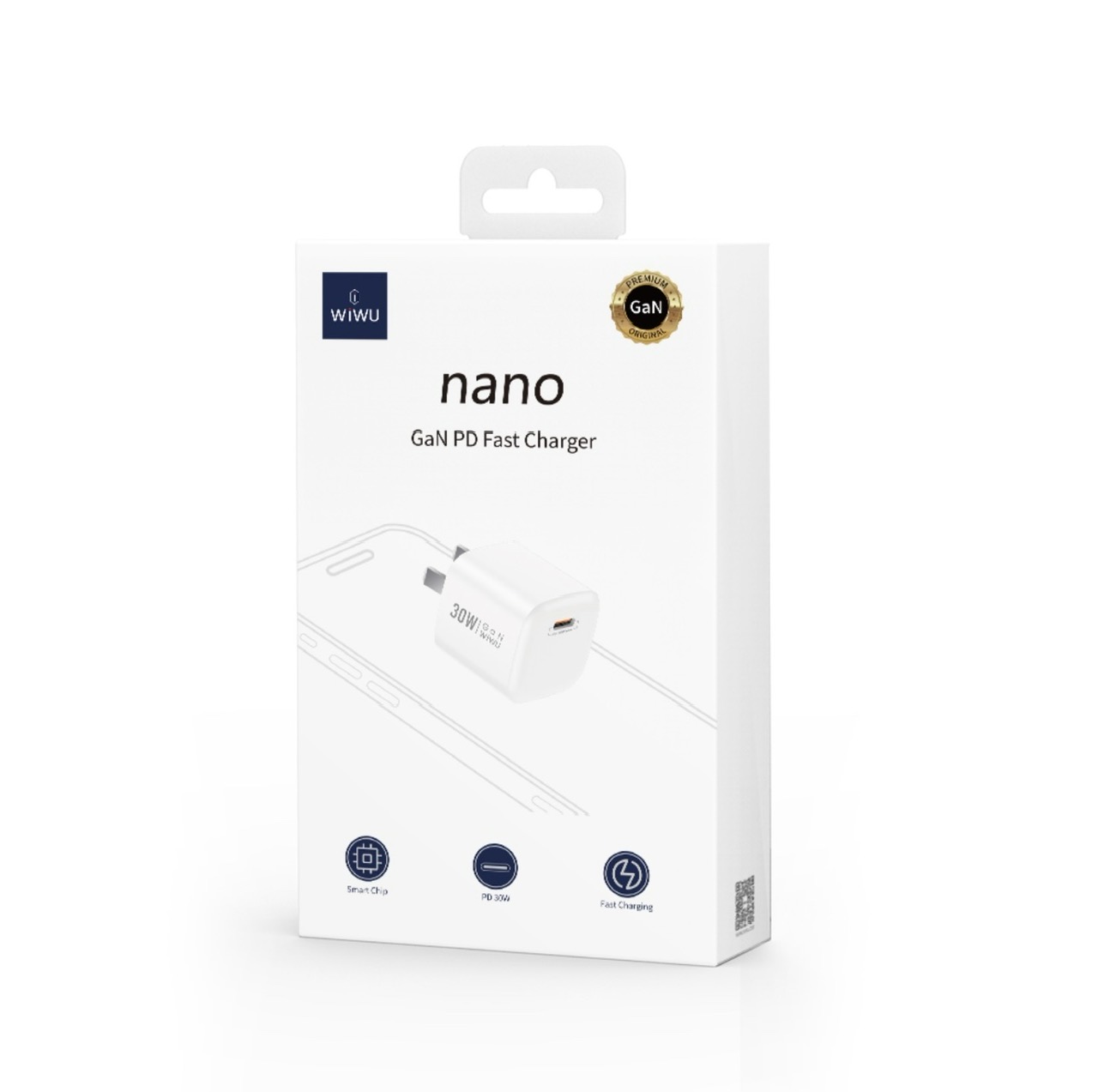 Củ sạc nhanh Wiwu Nano Gan PD Fast Charger Wi-U006 cho điện thoại, sạc nhanh 30W, có cổng sạc chân type c - Hàng chính hãng