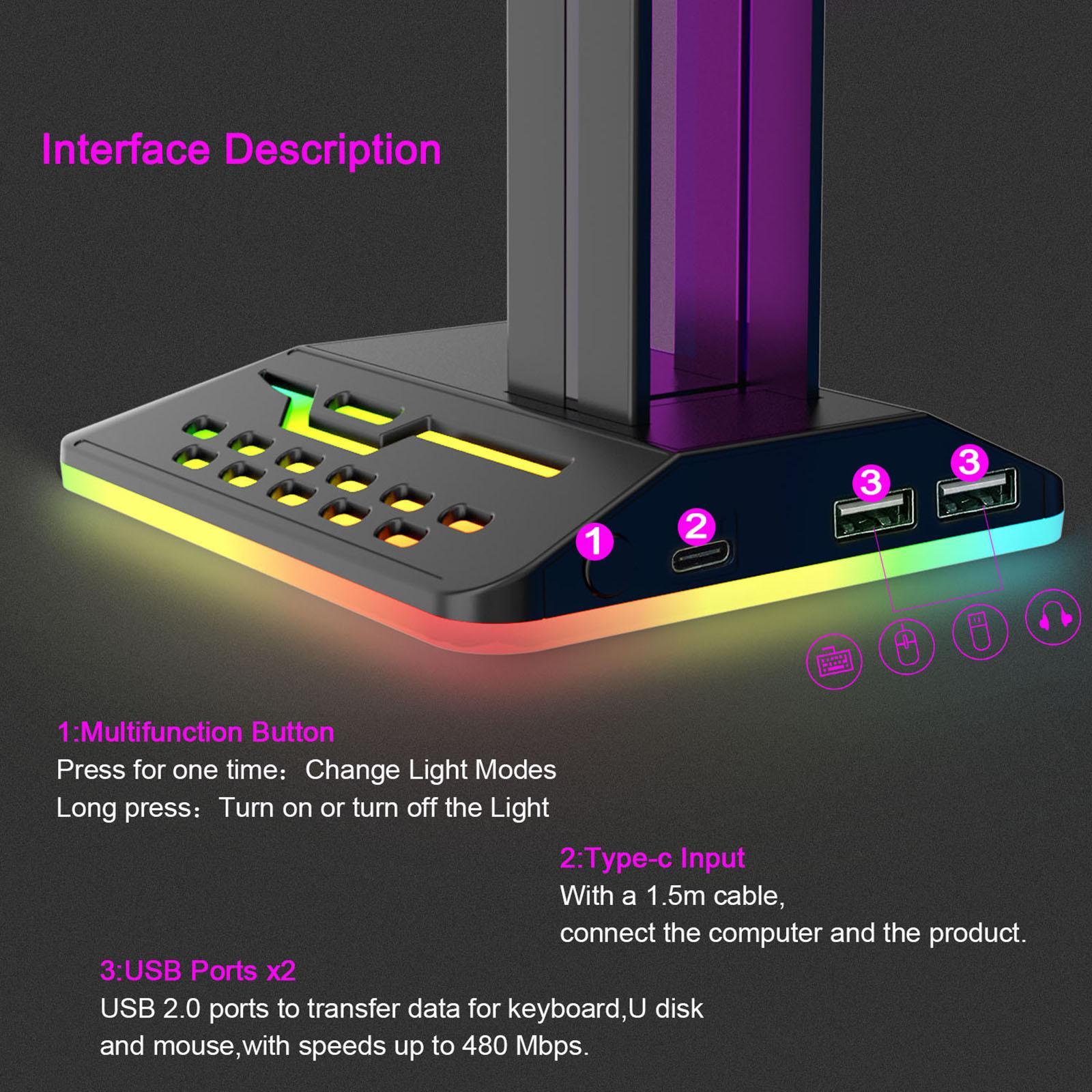 RGB Headphones Stand with 2 USB Ports Desktop Headset Stand Headset Rack for Table Desktop