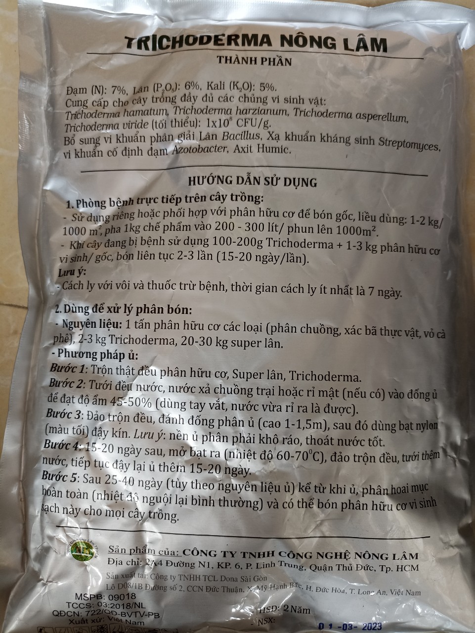 Nấm trichoderma Nông Lâm - 5 tỷ bào tử - gói 1 kg