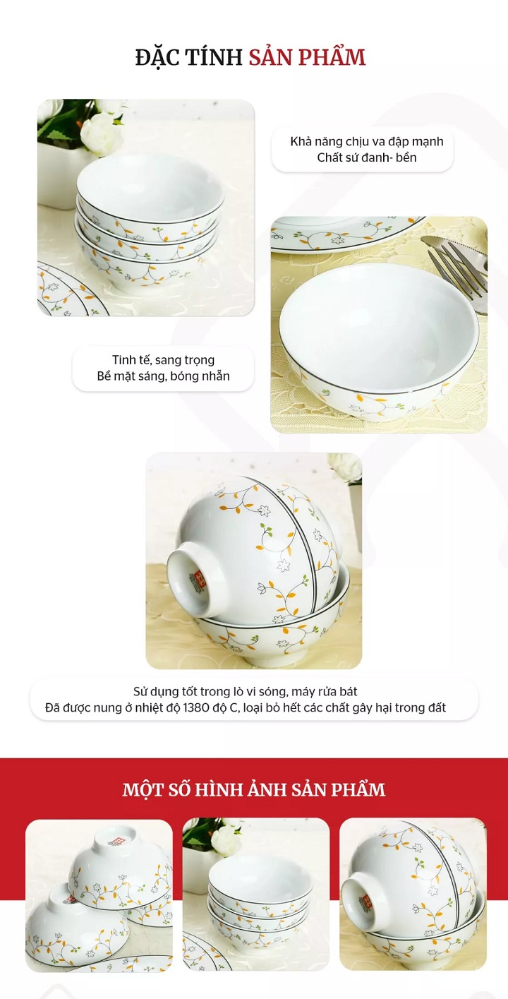 Combo 6 Chén Cơm Hoa Dây Cam Sứ Long Phương Cao Cấp