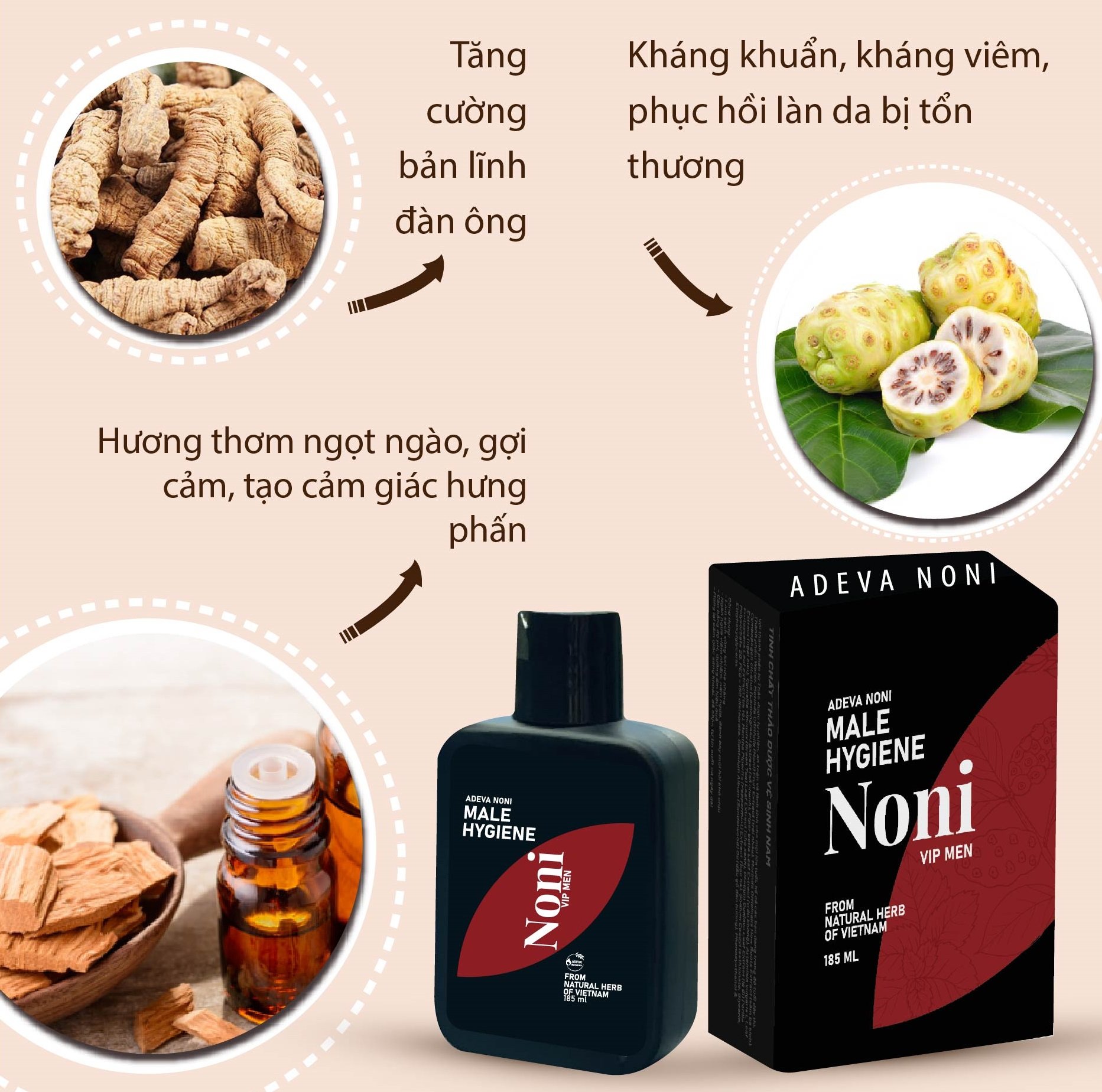 Dung dịch vệ sinh nam Noni VIPMEN từ thảo dược chai 30ml size du lịch - Bọt từ hostapon nguồn gốc dầu dừa, bạc hà tạo cảm giác hưng phấn, tinh dầu gỗ đàn hương sang trọng nam tính