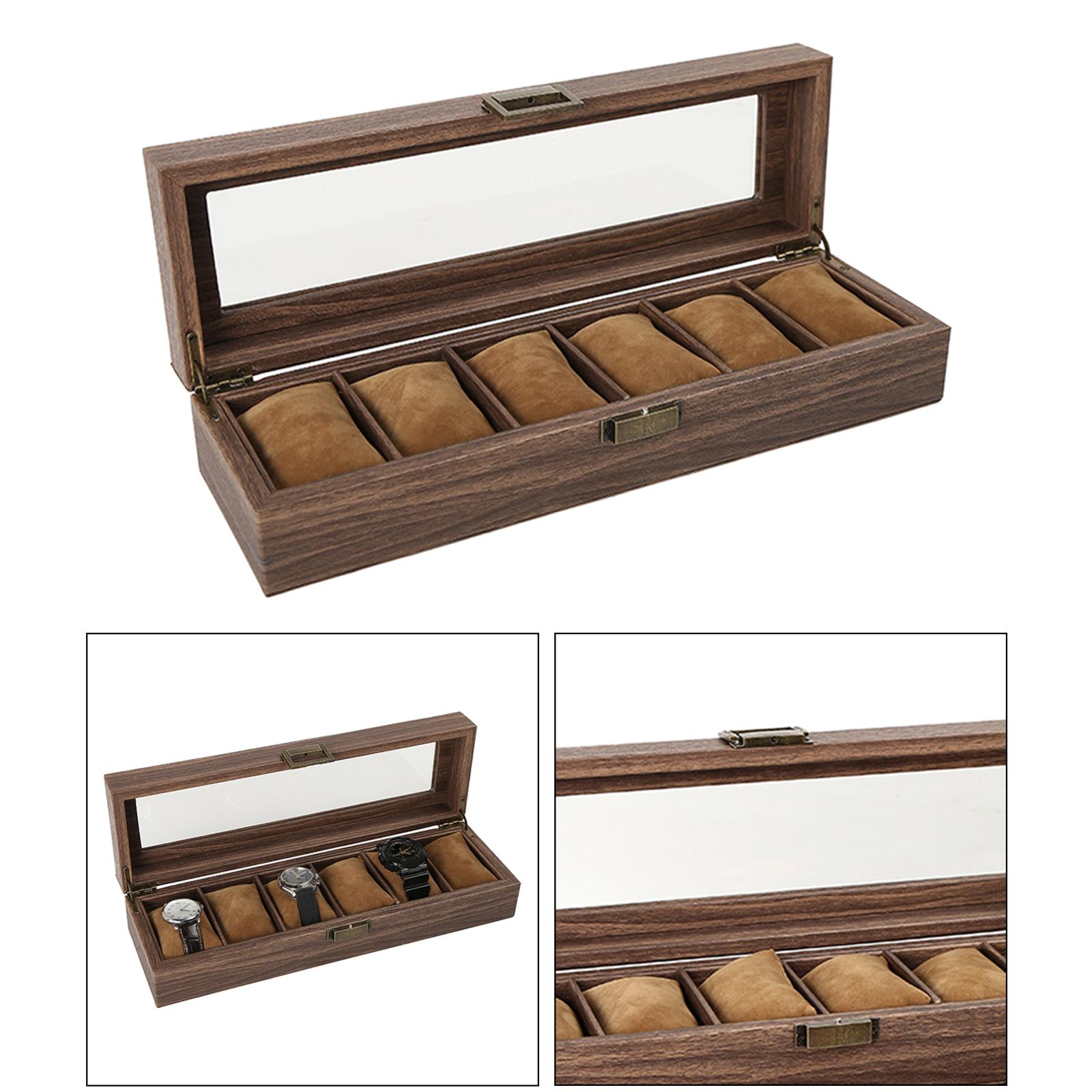 Luxury Wooden Watch Box Men Jewelry Rings Case Organizer Glass Top 6 Grid