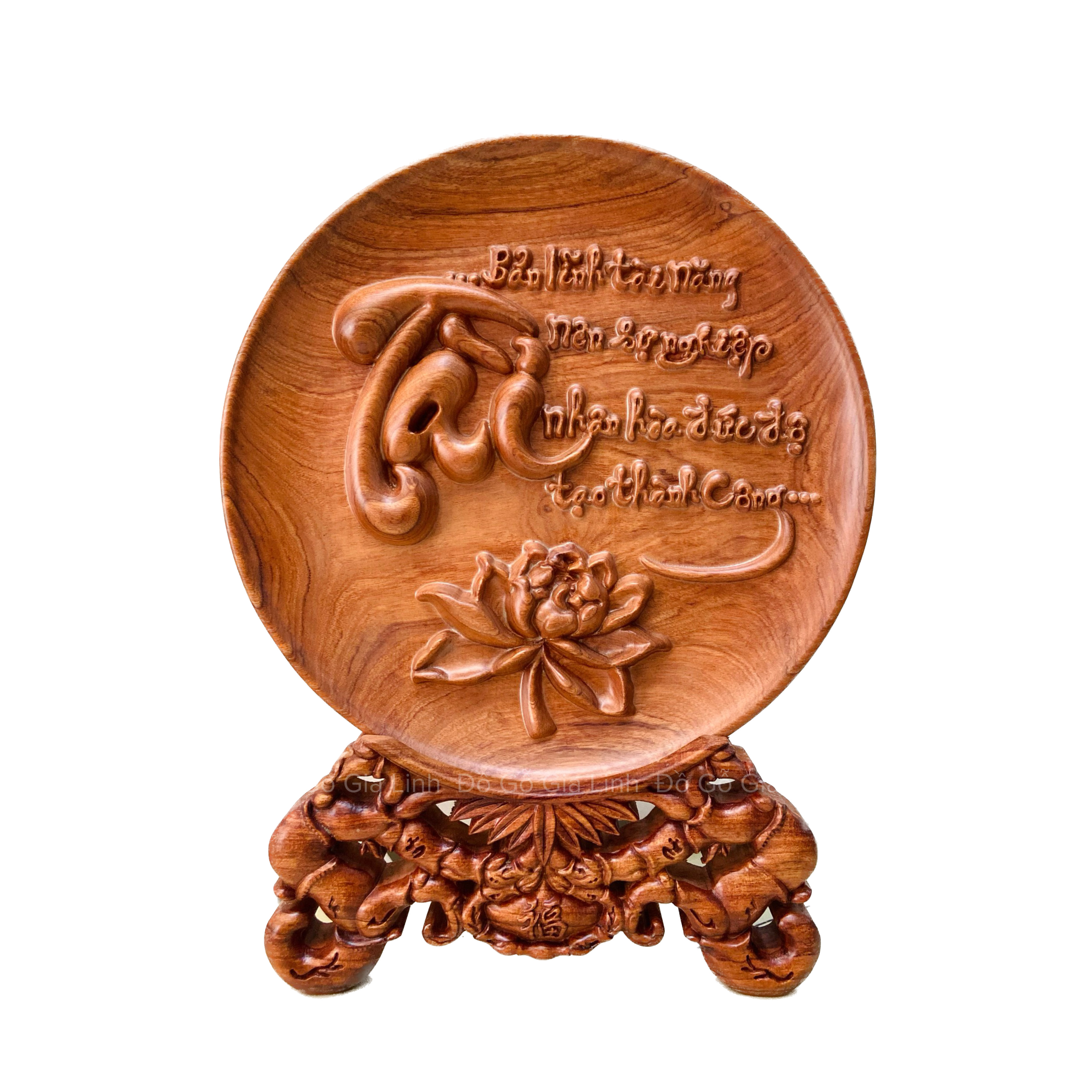 Đĩa gỗ chữ Tài Đồ Gỗ Gia Linh gỗ Hương đá liền khối kèm chân đế