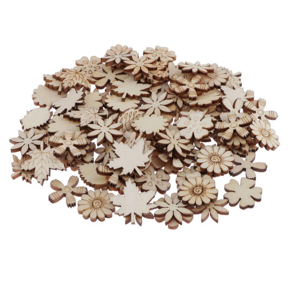 100Pcs Flower and Leaf Shapes Blank Wood Heart Embellishments Wood Birds Slices for Wedding, Valentine, DIY, Arts, Crafts, Card Making