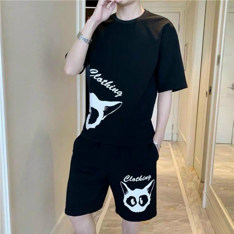 Bộ Quần Áo Thun Nam Ngắn Tay In Hình Mèo CLOTHINGS - Bộ Hè Nam Tay Cổ Tron Tay Lỡ Chất Thun Lạnh Co Dãn 4 Chiều