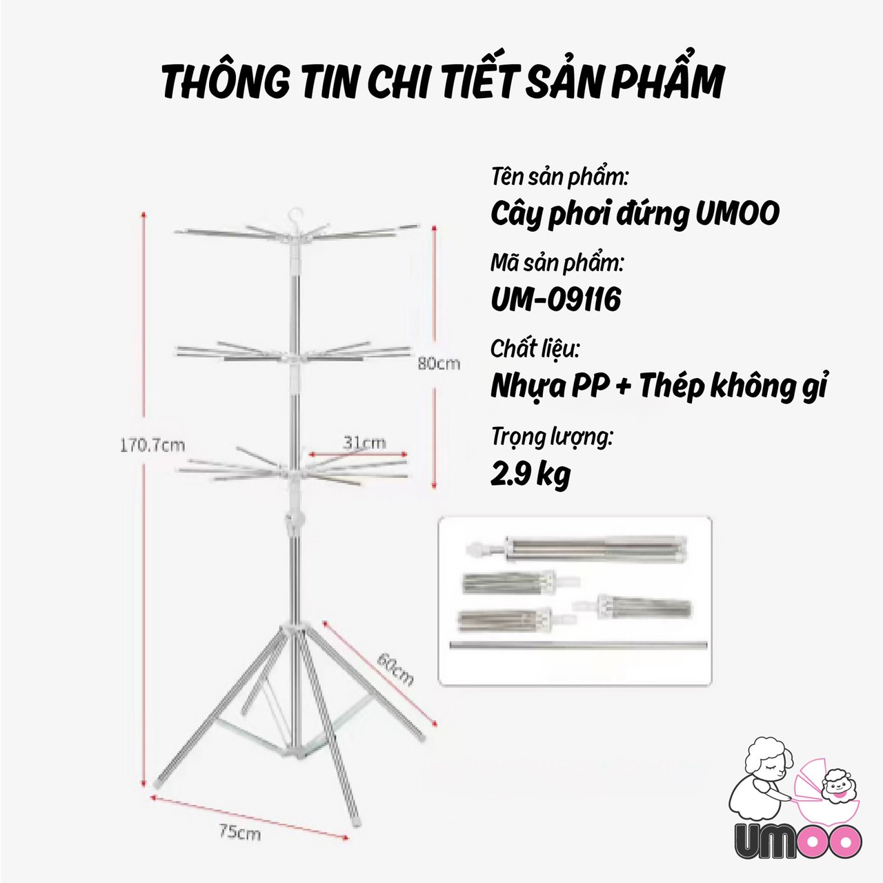 Gía Phơi Quần Áo Inox 3 Tầng 56 Móc Cho Bé, Có Thể Gấp Gọn (Hàng Chuẩn, Có Video Thực Tế)