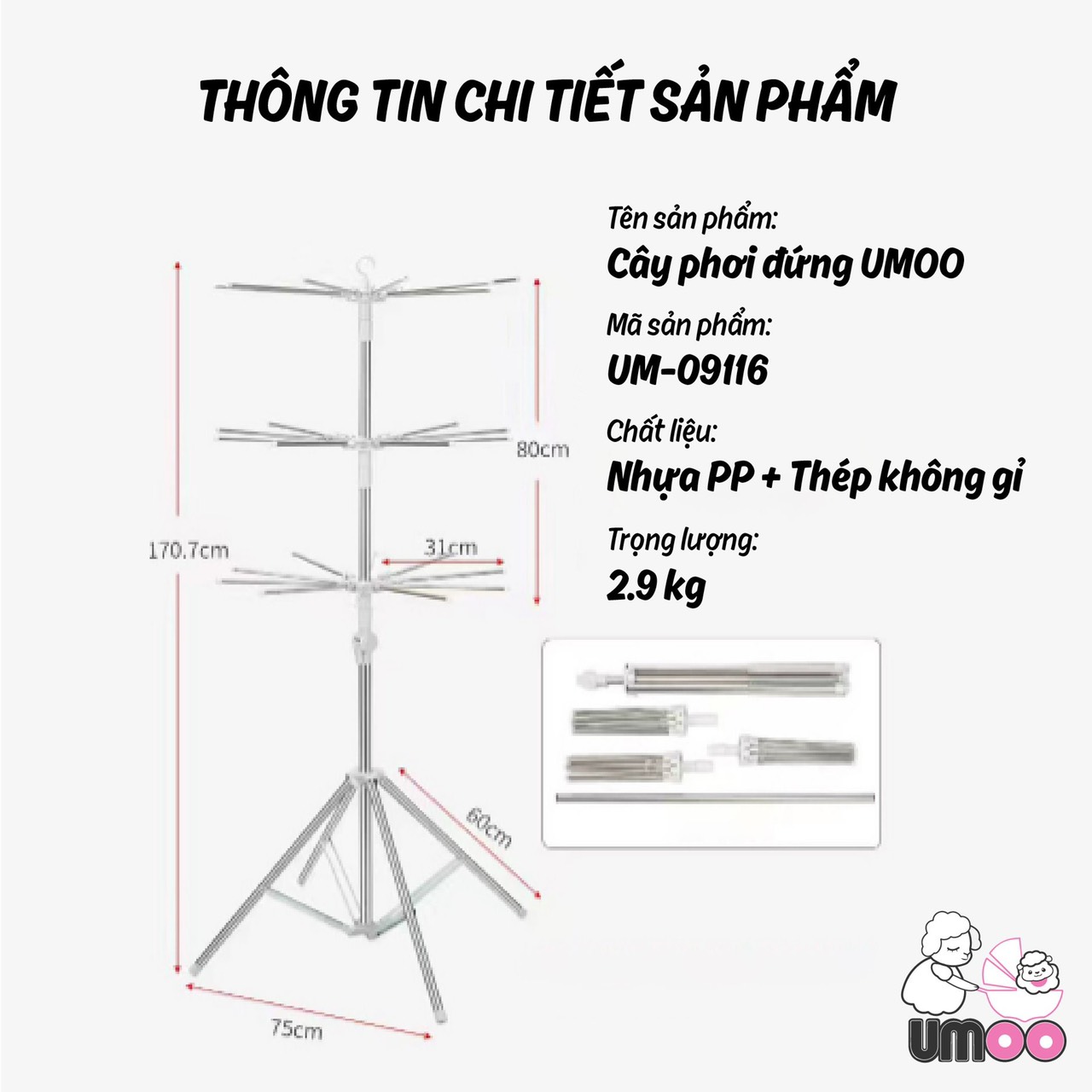 Gía Phơi Quần Áo Inox 3 Tầng Cho Bé, Có Thể Gấp Gọn