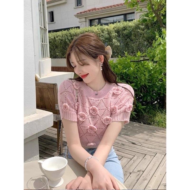 Áo len croptop hoa nổi