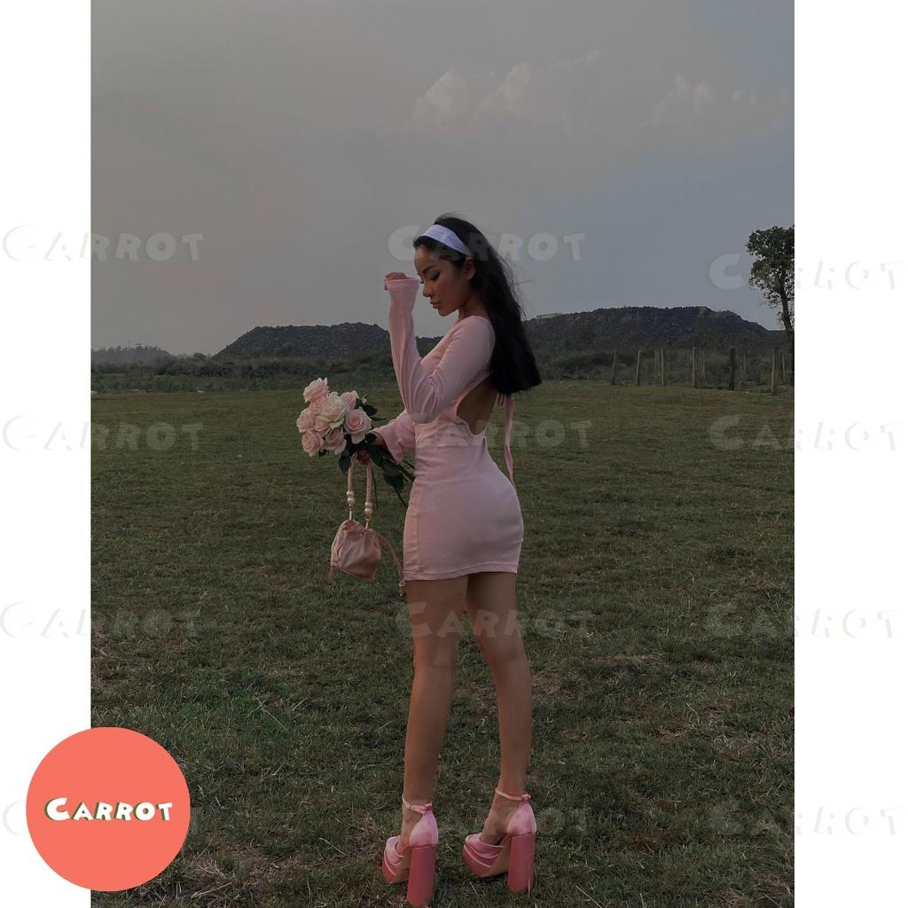 Đầm body hở lưng sexy váy ôm hồng sang chảnh cá tính khoét lưng tay dài thun co giãn tốt đi chơi carrotxinhdep-