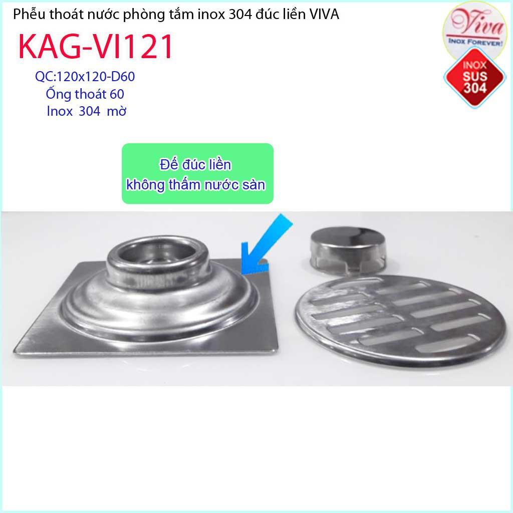 Phễu thoát sàn Viva 12x12 cm KAG-VI121 ống thoát 60mm chống mùi hôi inox 304, thoát sàn inox đúc dày thoát nước nhanh ch
