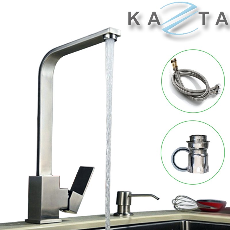 Vòi rửa bát nóng lạnh KAZTA KZ-D67 vuông dẹt inox 304 kèm 2 dây cấp nóng lạnh