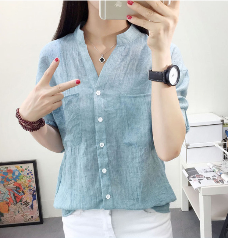 Áo sơ mi đũi nữ, Áo sơ mi nữ cổ V xinh phong cách vitage Đũi Việt DV99