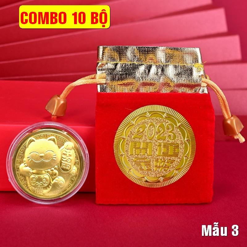 Trọn bộ gồm 10 đồng xu con Mèo + túi nhung 2023 sang trọng, quà tặng, lì xì tết - Mẫu 3, Tiền lì xì tết 2023 , NELI