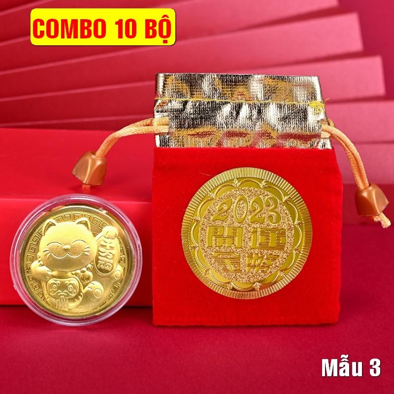 Trọn bộ gồm 10 đồng xu con Mèo + túi nhung 2023 sang trọng, quà tặng, lì xì tết - Mẫu 3 - Quà Tết Độc - PASA COLLECTION