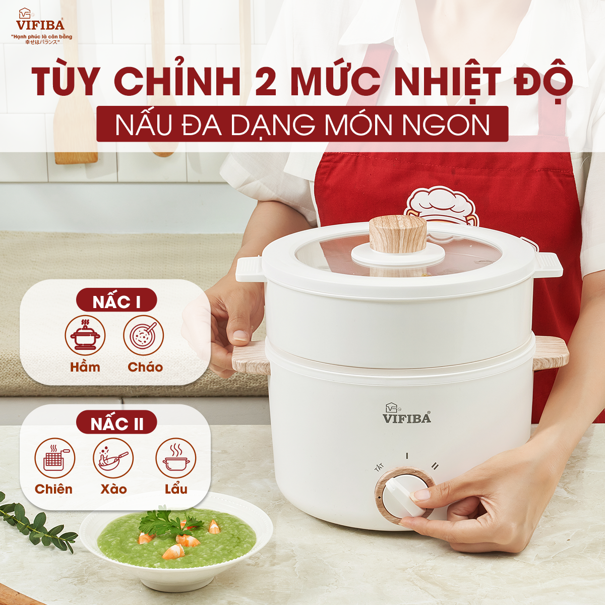 Nồi Lẩu Điện Siêu Tốc Đa Năng Vifiba Hàng Chính Hãng, Dung Tích 3L - Kèm Khay Hấp 2L, Công Suất 1000W, Tiết Kiệm Điện