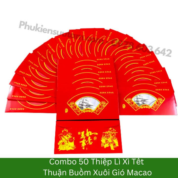 Combo 50 Thiệp Lì Xì Tết Thuận Buồm Xuôi Gió Macao, kích thước: 20cmx10cm, màu đỏ - SP005883