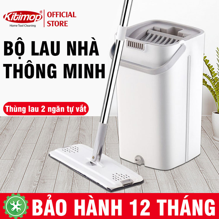 Bộ lau nhà Kitimop-C6 Plus có thùng lau nhà 2 ngăn tự vắt, cây lau nhà 360 độ lau sàn làm sạch, 3 bông lau