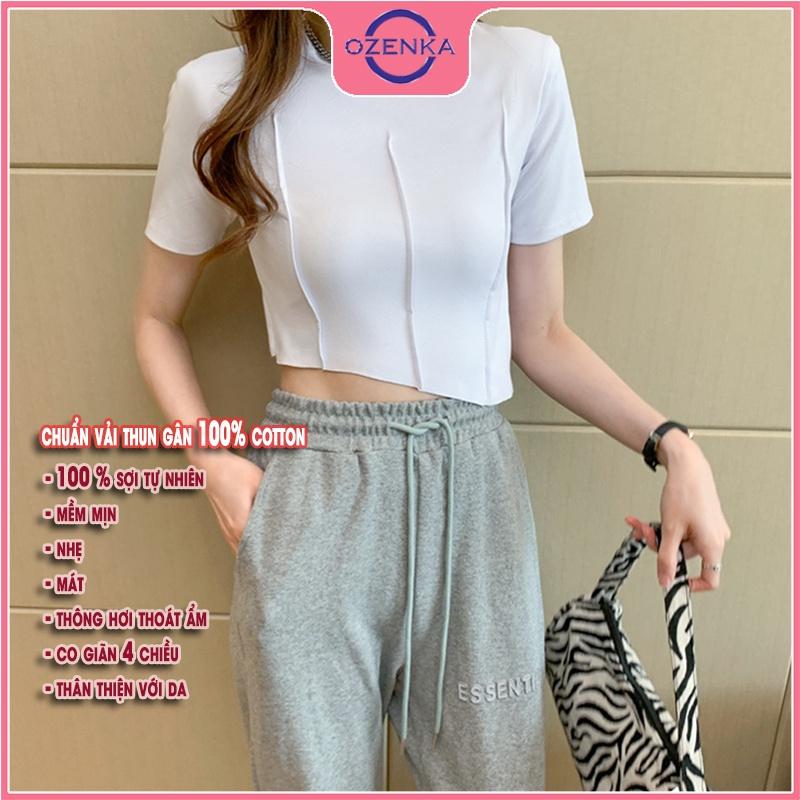 Áo croptop ngắn tay cổ tròn vạt lệch, áo crt nữ ôm body đẹp thun gân 100% cotton màu đen trắng dưới 50 cân