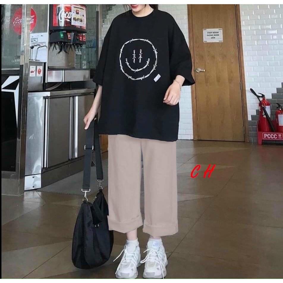 Sét áo thun unisex mặt cười và quần thô màu be siêu xinh