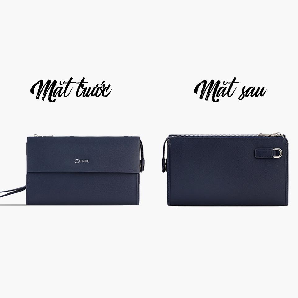 Ví Da Cầm Tay Clutch Nam Công Sở GENCE HT07 Da Bò Cao Cấp Màu Xanh Navy