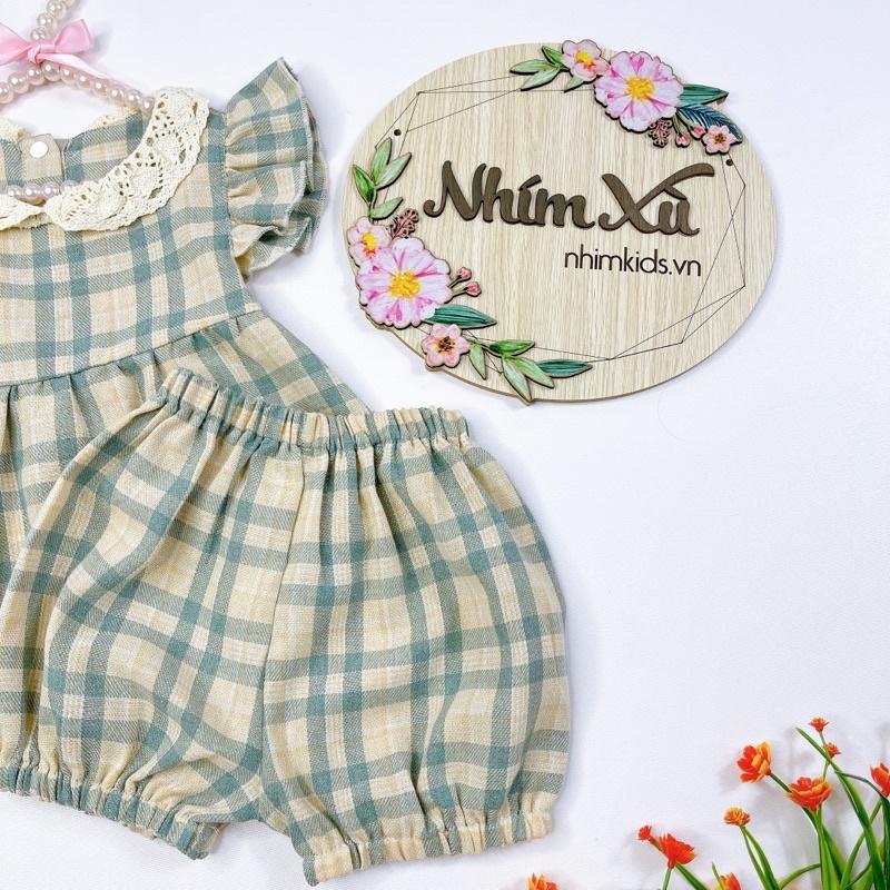 Set Bộ Caro Xám Bé Gái 4kg Đến 17kg Chất Đũi Sợi Siêu Mát
