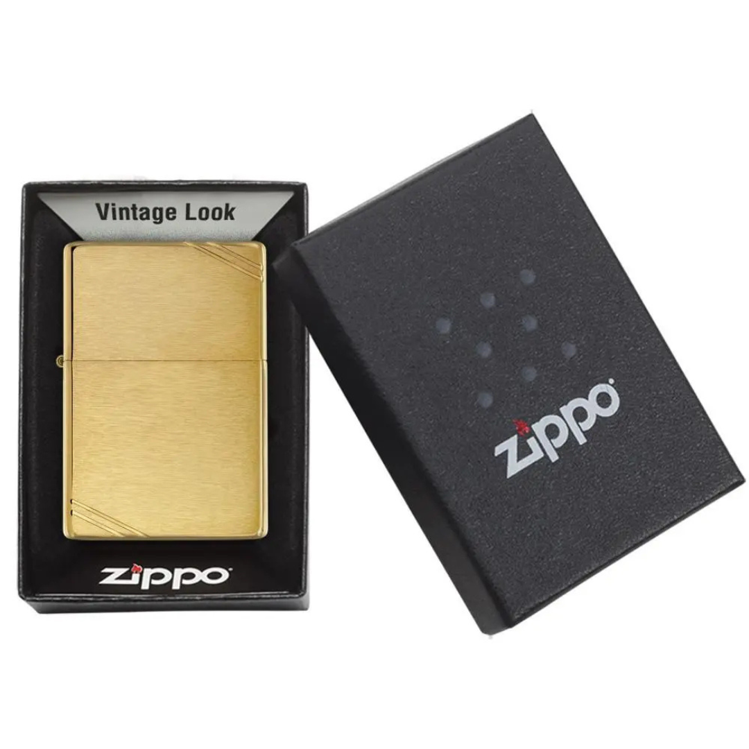 Zippo - Vintage With Slashes Brushed Brass Chính Hãng 240 - Bật Lửa Vỏ Đồng Thau Thiết Kế Chặt Góc Cổ Điển