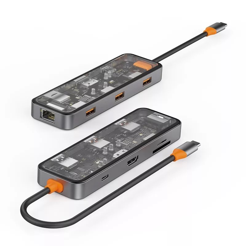 Hub Wiwu Cyper 8in1 CB008 1USB3.0*2+USB2.0*1+SD/TF+HDMI+PD+RJ45 Truyền dữ liệu cực nhanh, hỗ trợ truyền nhanh 5Gbps - Hàng chính hãng