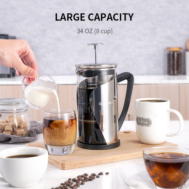 Bình pha cà phê kiểu Pháp French Press Shardor FP515S dung tích 1000ml. tích hợp hệ thống 4 bộ lọc cần gạt - Hàng Nhập Khẩu