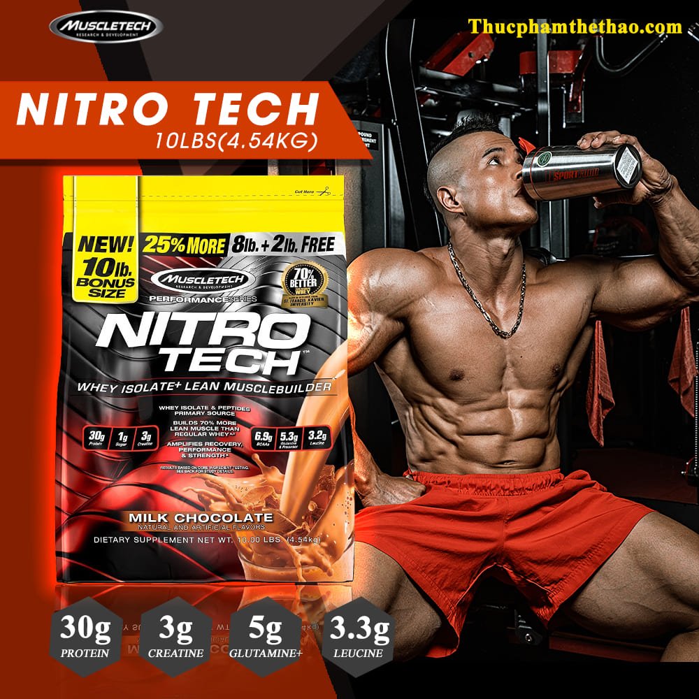 Sữa tăng cơ tăng sức mạnh Nitro Tech 10lbs (~4.54kg) – Bổ sung nguồn Protein chất lượng cao hỗ trợ phát triển cơ bắp to + dày, đồng thời bổ sung thêm Creatine giúp gia tăng sức bền hỗ trợ tập luyện - Hàng nhập khẩu chính hãng - Thương hiệu Muscletech - Kè