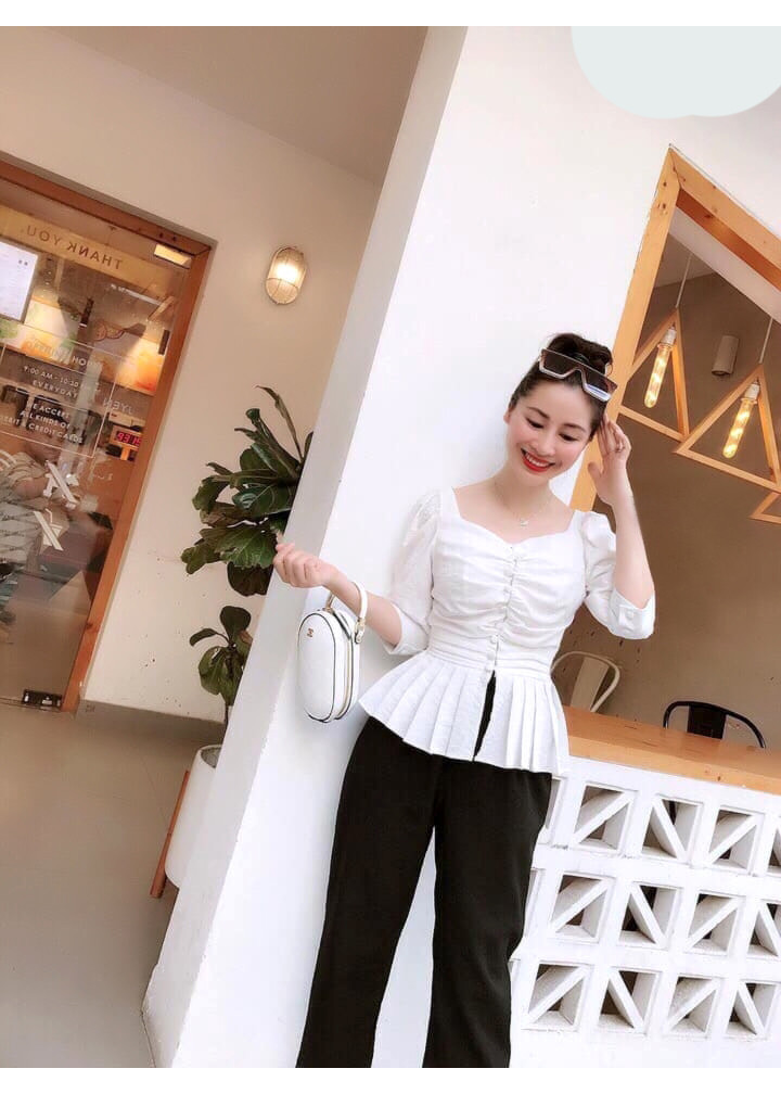 Sét nguyên bộ áo peplum tà xếp ly phối nút bọc xinh xắn
