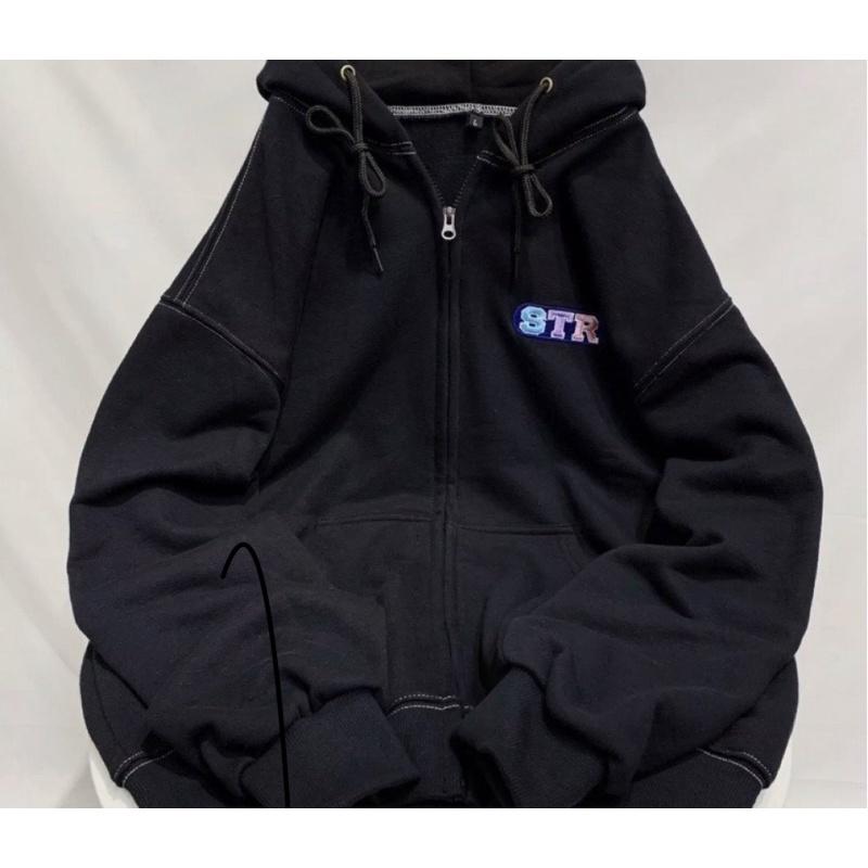 Áo khoác hoodie form rộng có khoá kéo tay phồng, áo khoác chống nắng nỉ ngoại STR