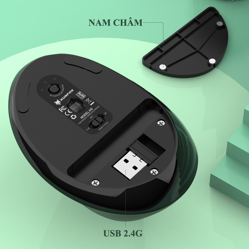 Chuột dọc không dây XUNFOX H5 kết nối 3 chế độ Bluetooth+2.4G sử dụng pin sạc kèm theo 5 mức độ nhạy lên đến 4000DPI - Hàng Chính Hãng