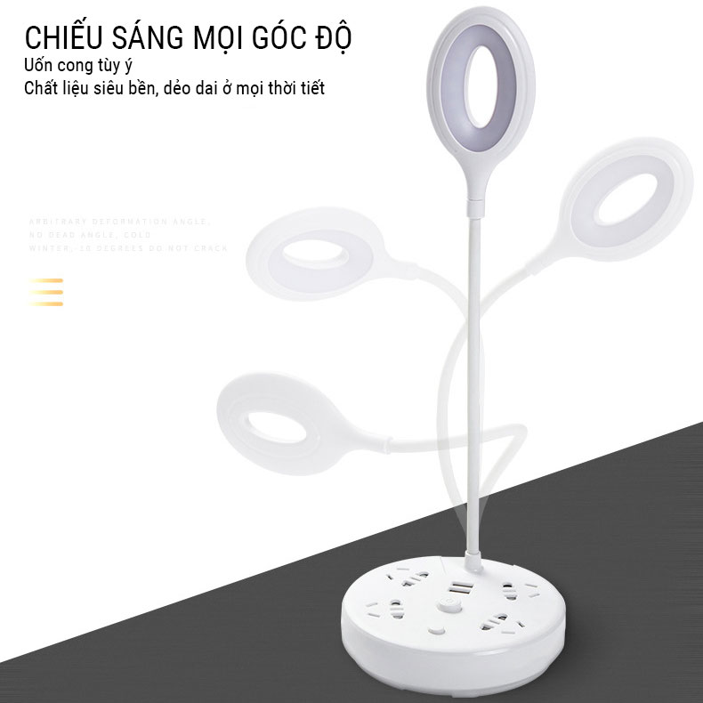 Ổ Cắm Điện Tròn NAVIVU Kết Hợp Đèn Bàn, Cổng Sạc USB, Dây Chịu Tải 2500W, Chống Cháy