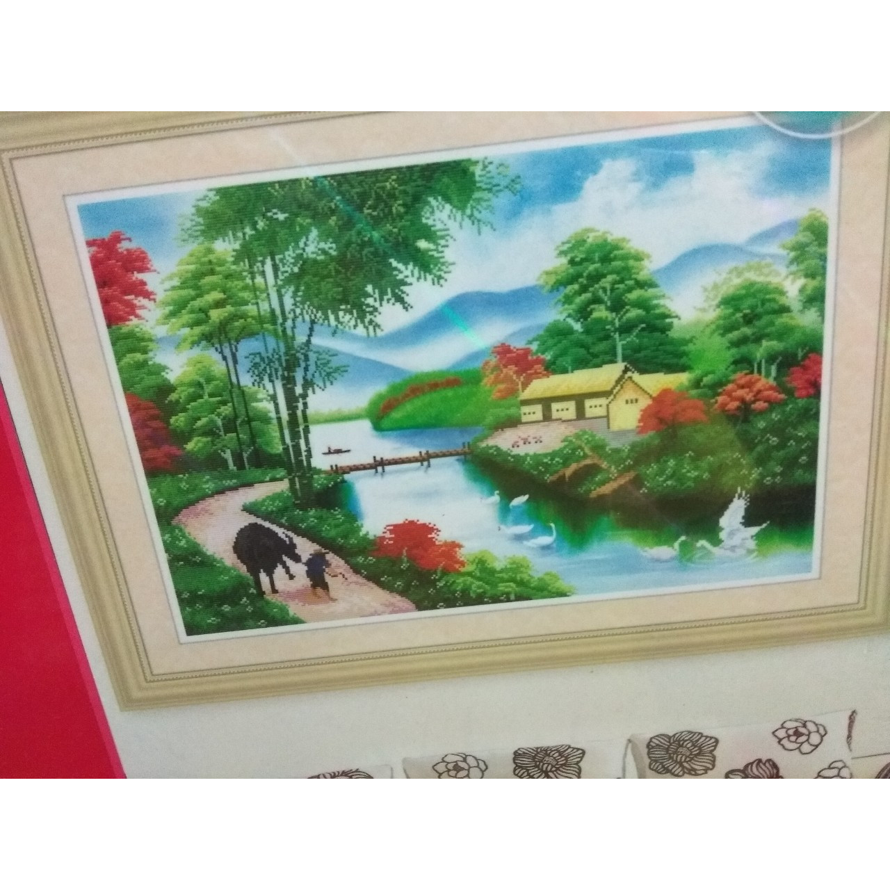 Tranh đính đá phong cảnh làng quê 77291 kt 86*60cm chưa đính