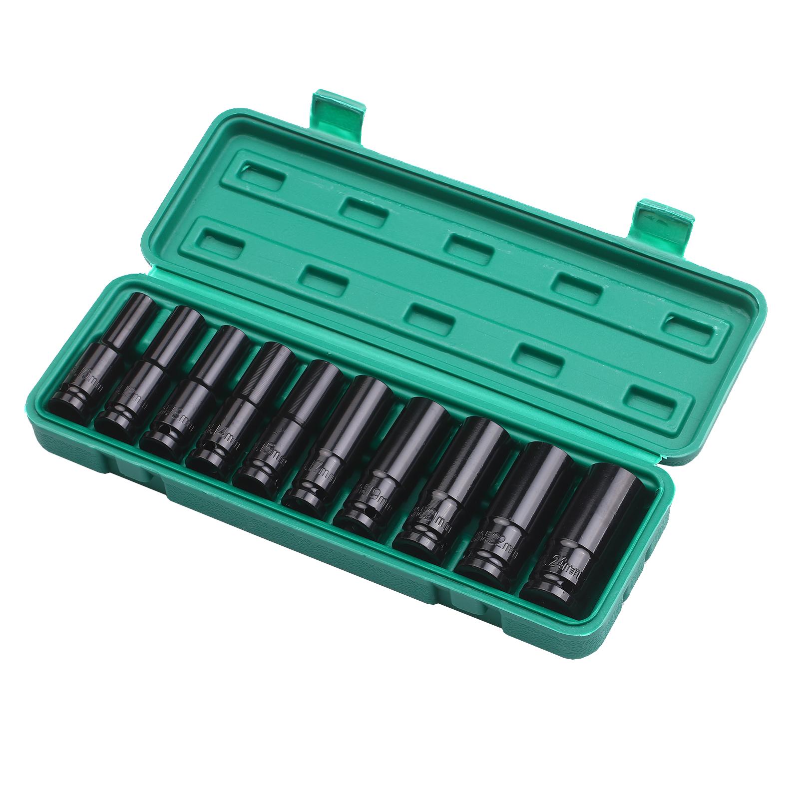 1/2Inch Drive 6-Point Impact Socket Set 10-Piece Metric Sizes 10-24mm Carbon Steel with Hard Storage Box