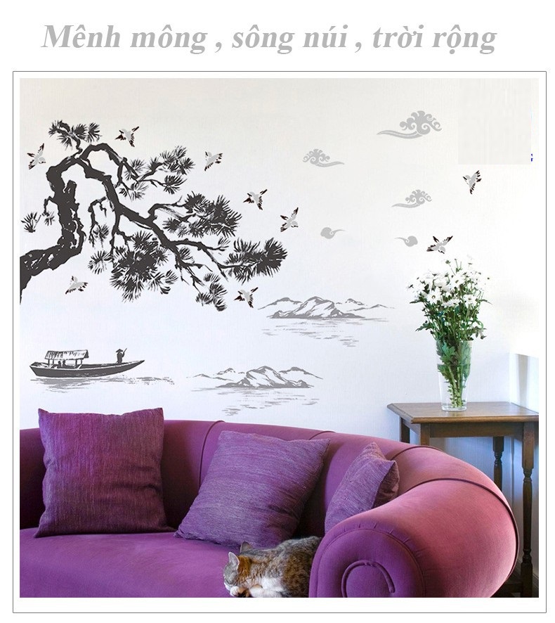 Decal dán tường sơn thủy á đông cành đào nở rộ