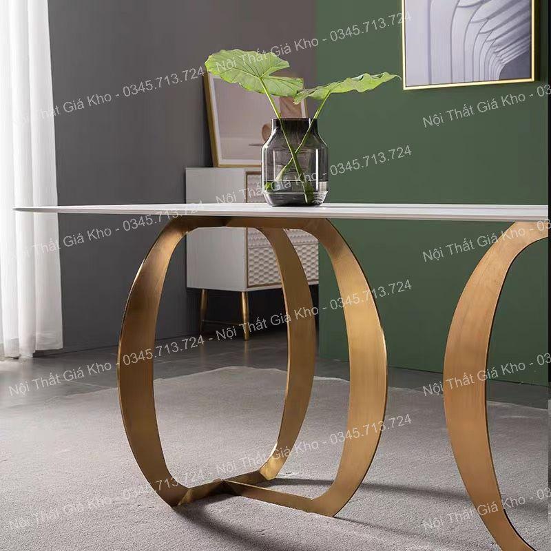 Bàn ăn mặt đá phiến , đá ceramic bóng dày 12mm chống trầy xước, ố vàng, chân 3 cấu inox mạ vàng PVD sáng bóng
