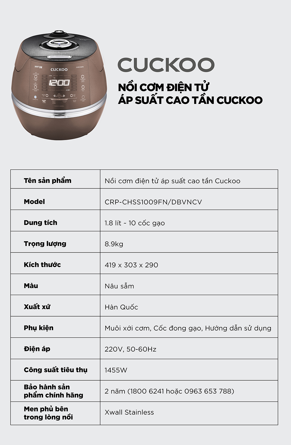 Nồi cơm điện tử áp suất cao tần Cuckoo 1.8L CRP-CHSS1009FN (Màu nâu) - Hàng chính hãng