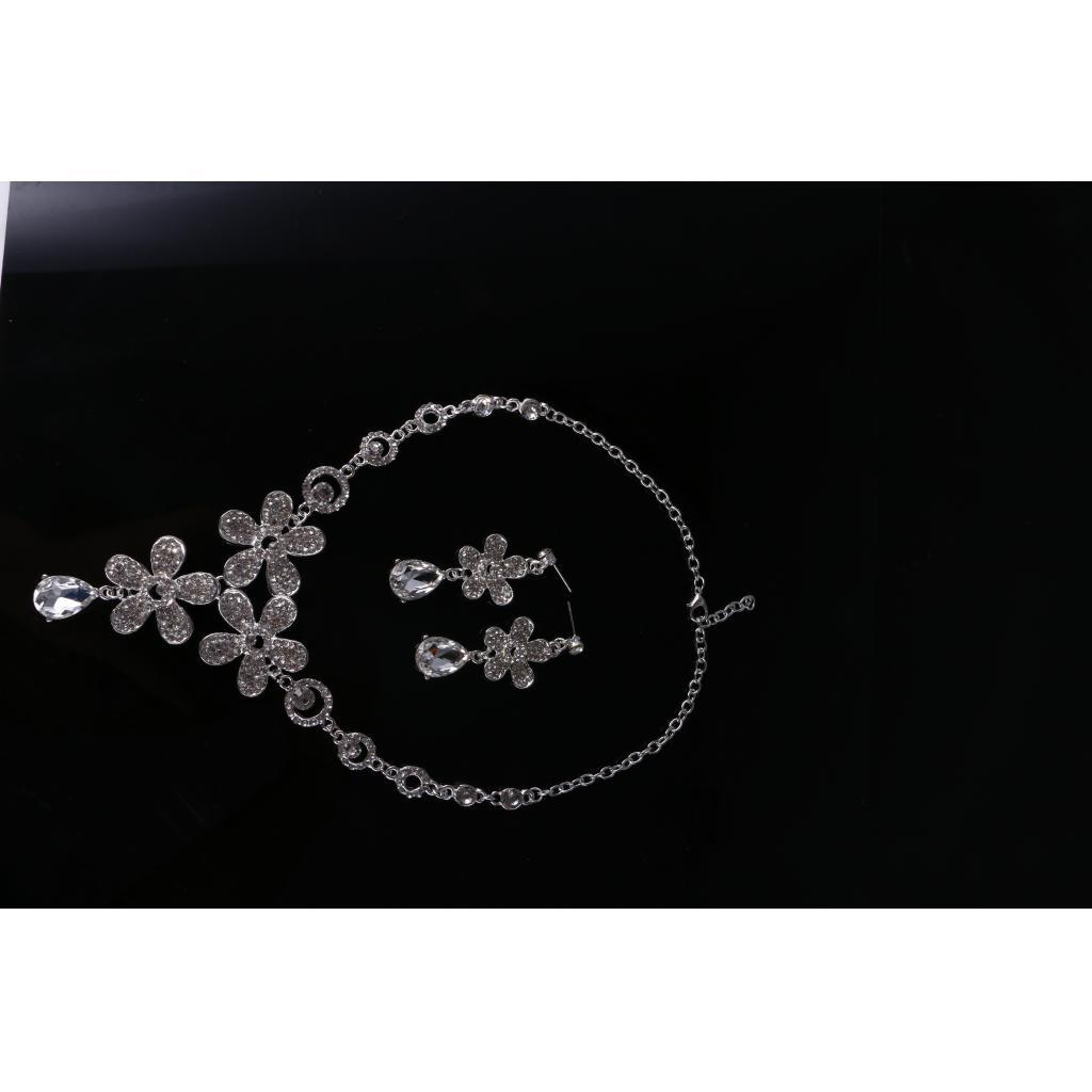 Silver Plated Flower Rhinestone Necklace Earrings Bridal Tiara Jewelry Set