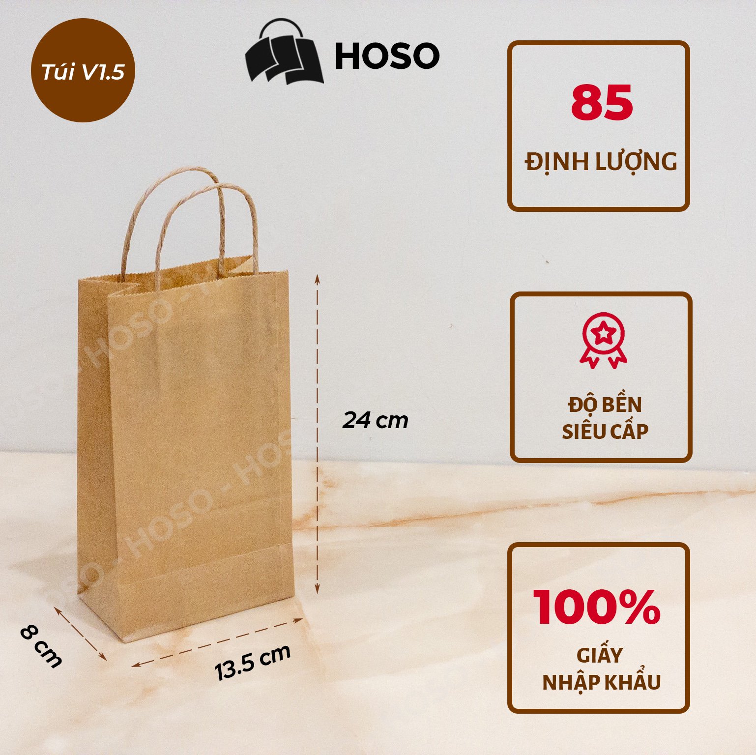 50 Túi giấy kraft Nhật nâu trơn có quai đựng thực phẩm nhiều kích thước, túi giấy xi măng đựng quà