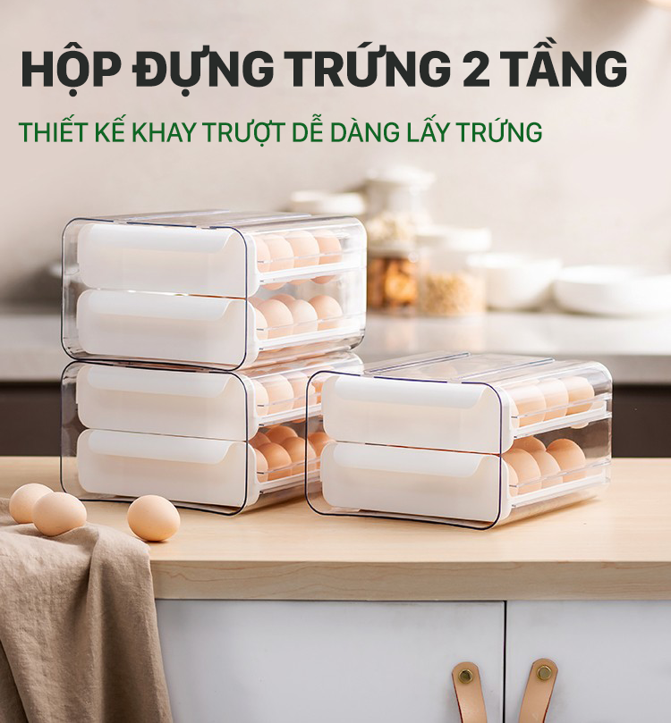 Hộp Đựng Trứng Hai Tầng 32 Ô Tiện Dụng Tích Hợp Khay Trượt Đựng Trứng gà Phong Cách Nhật Bản