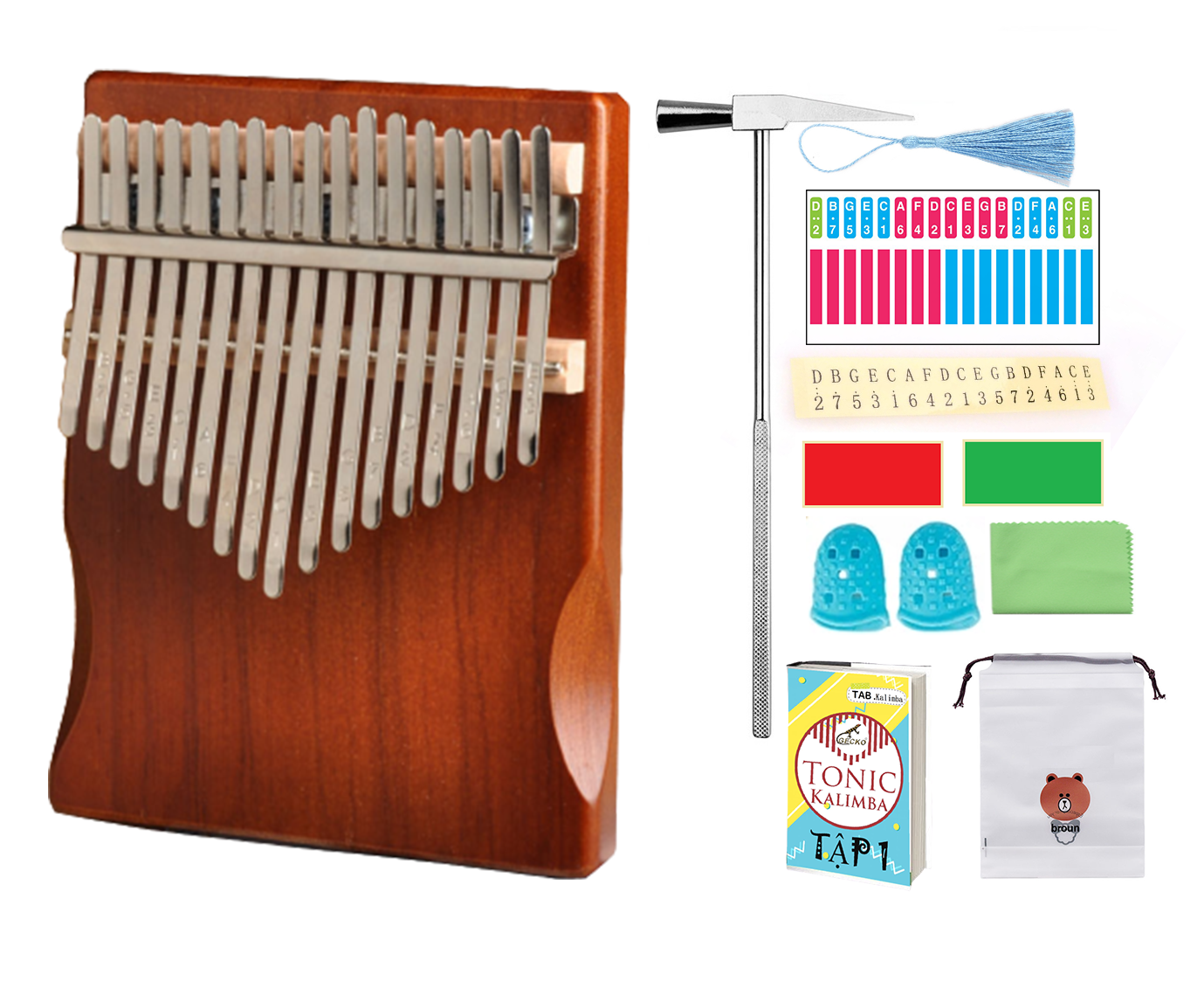 Đàn kalimba 17 phím gỗ nguyên khối tặng stick màu TONIC kalimba M17550- Nâu Mahogany