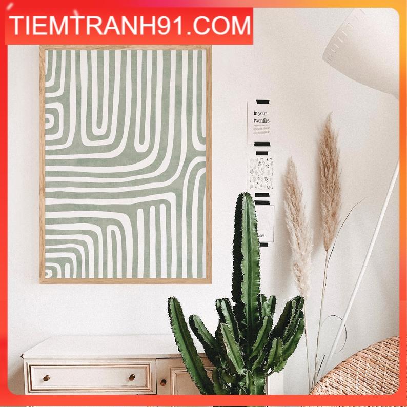 Tranh treo tường | Tranh trừu tượng - Sage green geometry line art print, abstract boho print