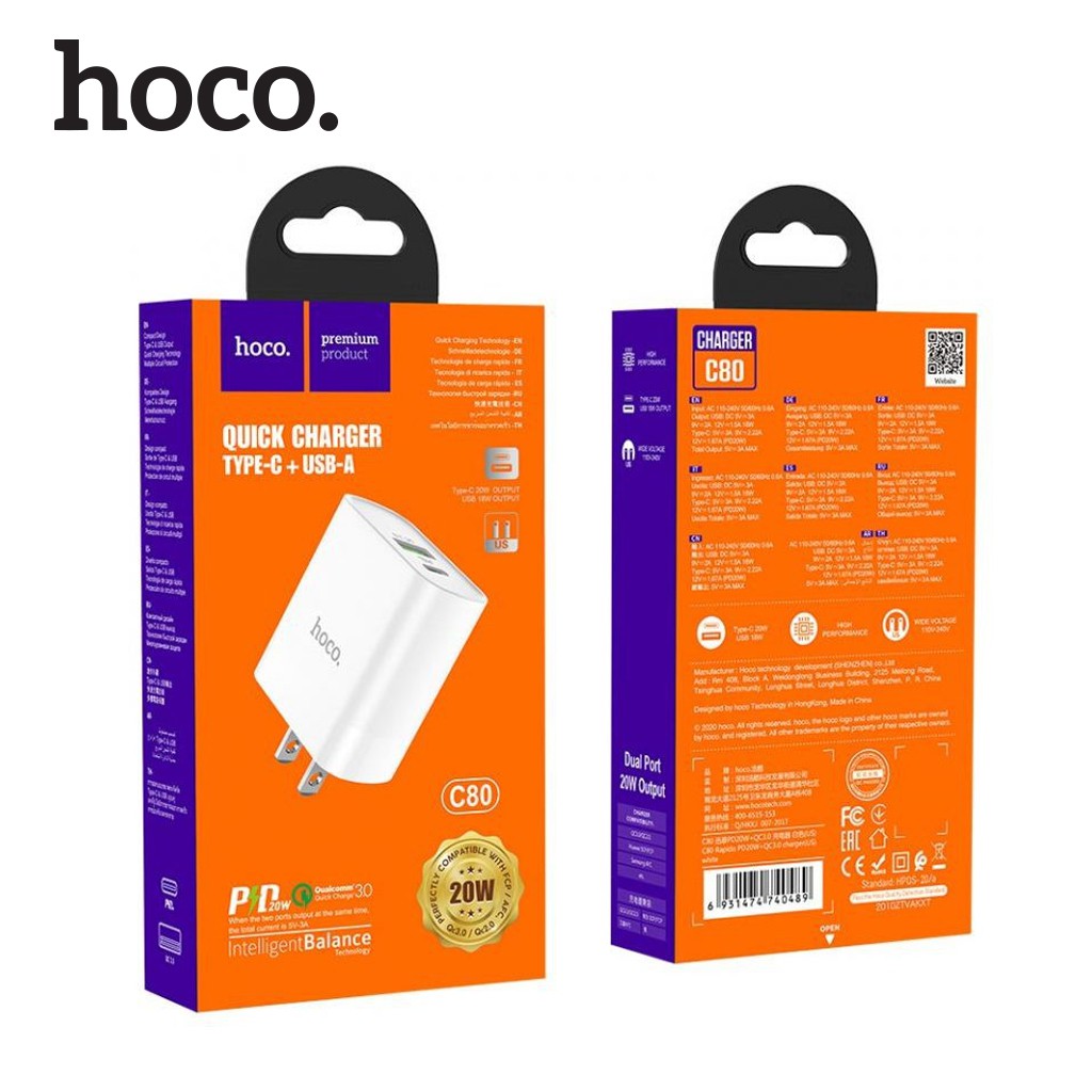 Củ Sạc Nhanh Cho Iphone Hoco C80 - Hỗ trợ sạc nhanh 20W PD QC3.0 - Hàng Chính Hãng