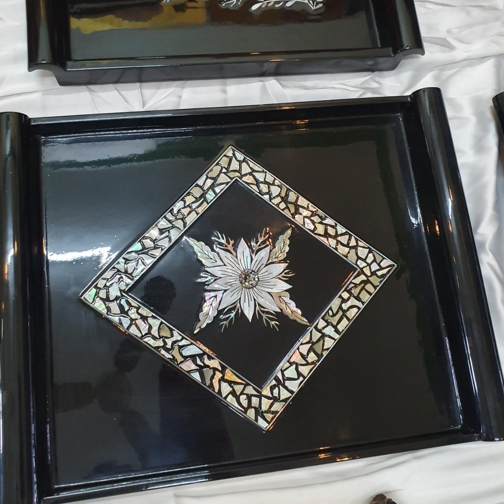 Khay gỗ sơn mài cao cấp Thanh Bình Lê khảm trai xà cừ, ép lụa size 34x16.5 cm sang trọng