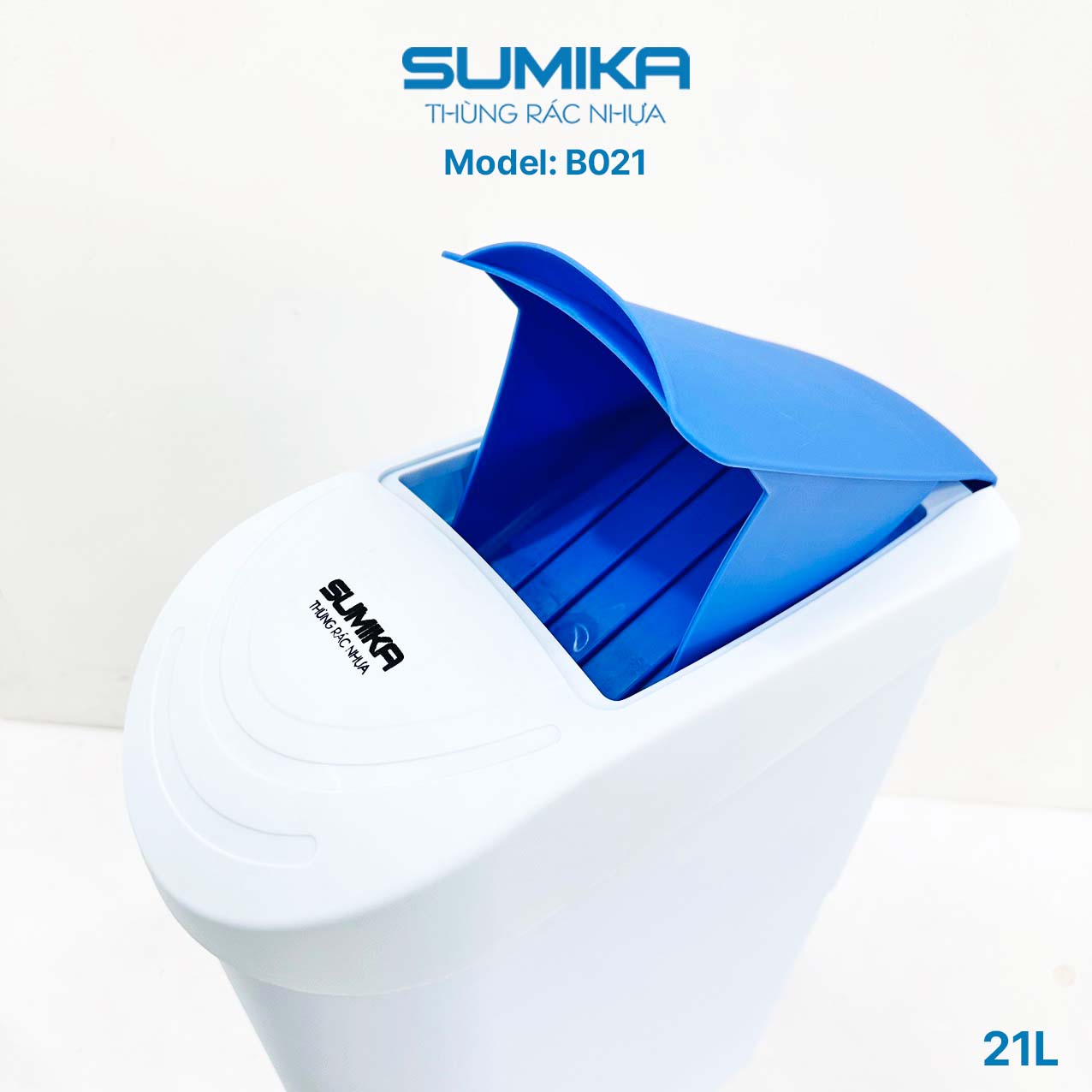 Thùng rác nhựa Toilet SUMIKA B021, dung tích 21L, thùng màu trắng, nắp xanh