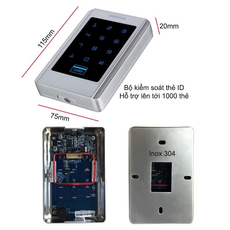 Khóa chốt cửa kính kèm bộ kiểm soát bằng thẻ ID+mã số+ nguồn điều khiển 12V-3A BCCK.ID06