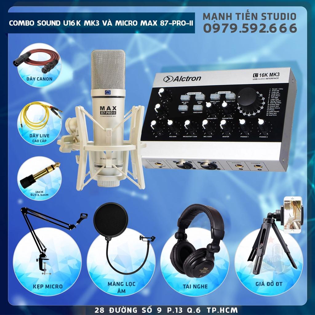 Combo thu âm Sound Card U16K MK3 Bluetooth Và Micro Max 87-Pro-II livestream karaoke bán hàng onl tiktok đủ phụ kiện