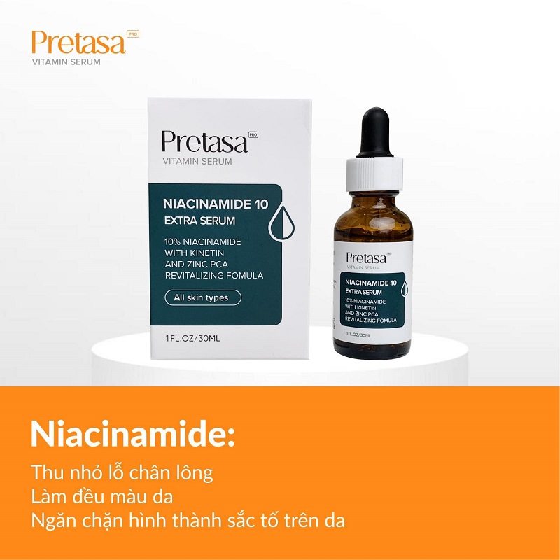Serum Niacinamide 10% Extra Pretasa - Chiết xuất từ Vitamin B3 - Làm sáng da, cung cấp dưỡng chất cho da